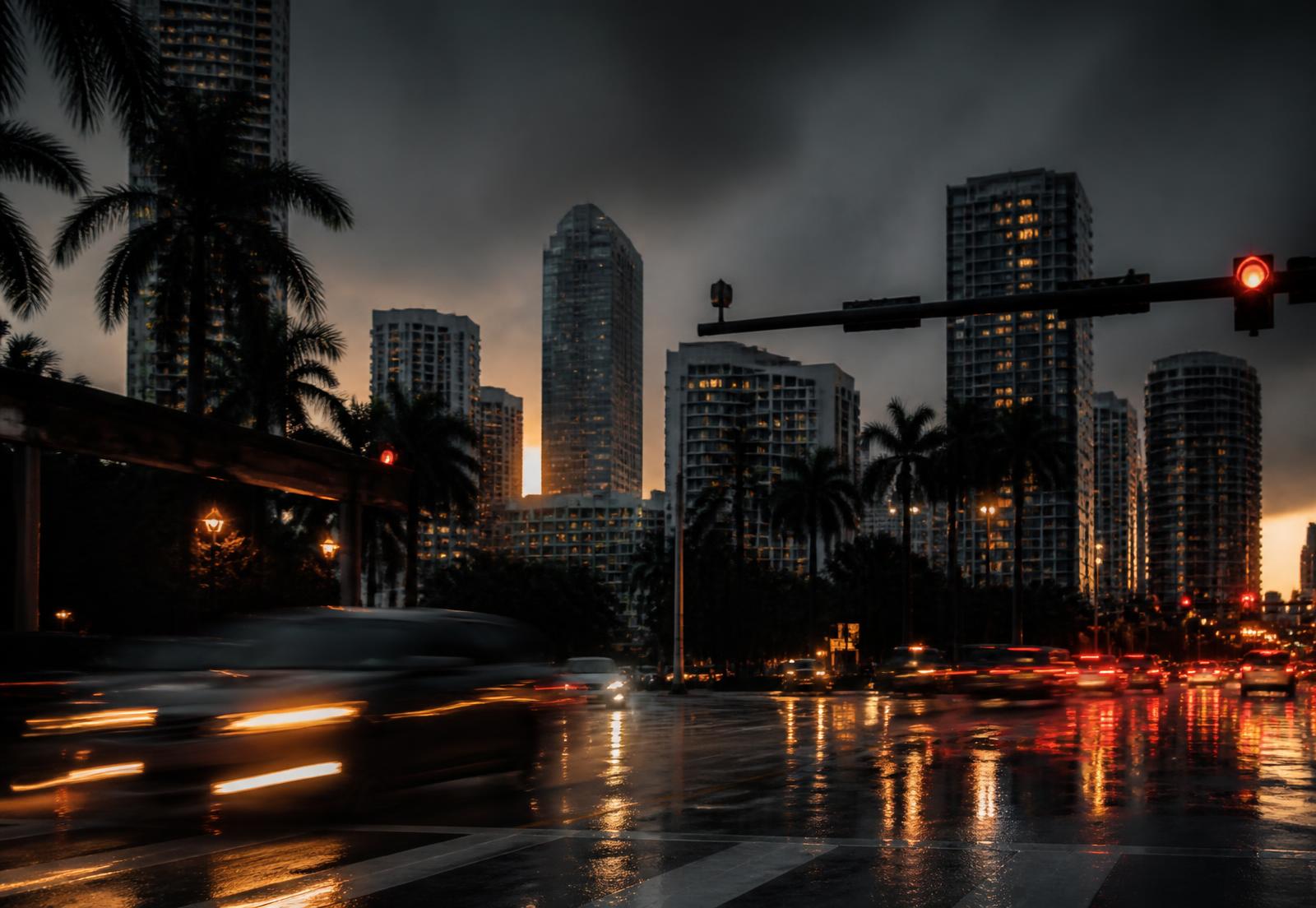 Traffic on a rain-slicked Miami street at dusk with the Brickell skyline behind it